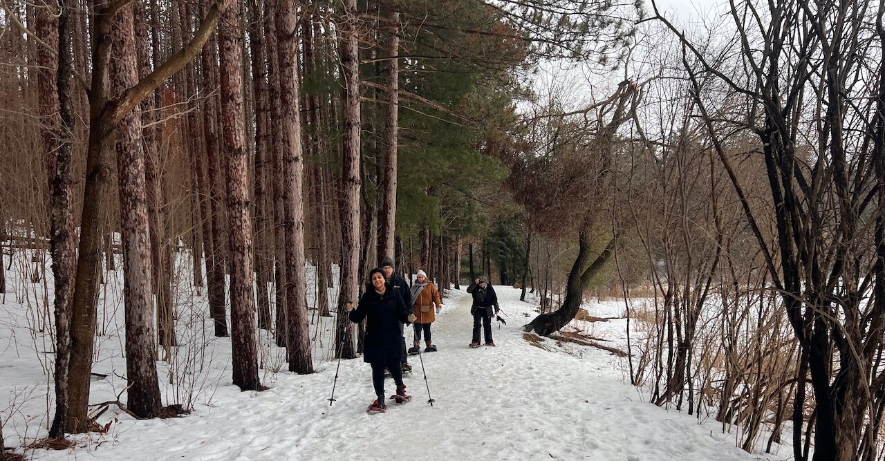 John MacDonald Architect staff walking through Huron Natural Area on snowshoes